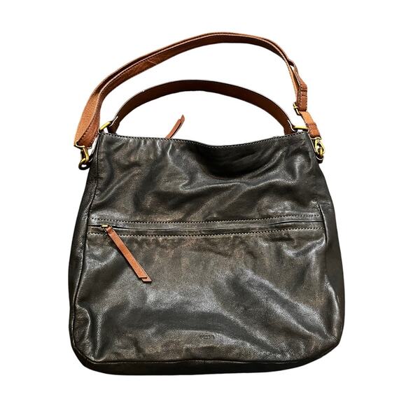 Fossil Corey Hobo Bag Black Leather Purse Shoulder‎ Womens Brown Accents - Picture 2 of 12